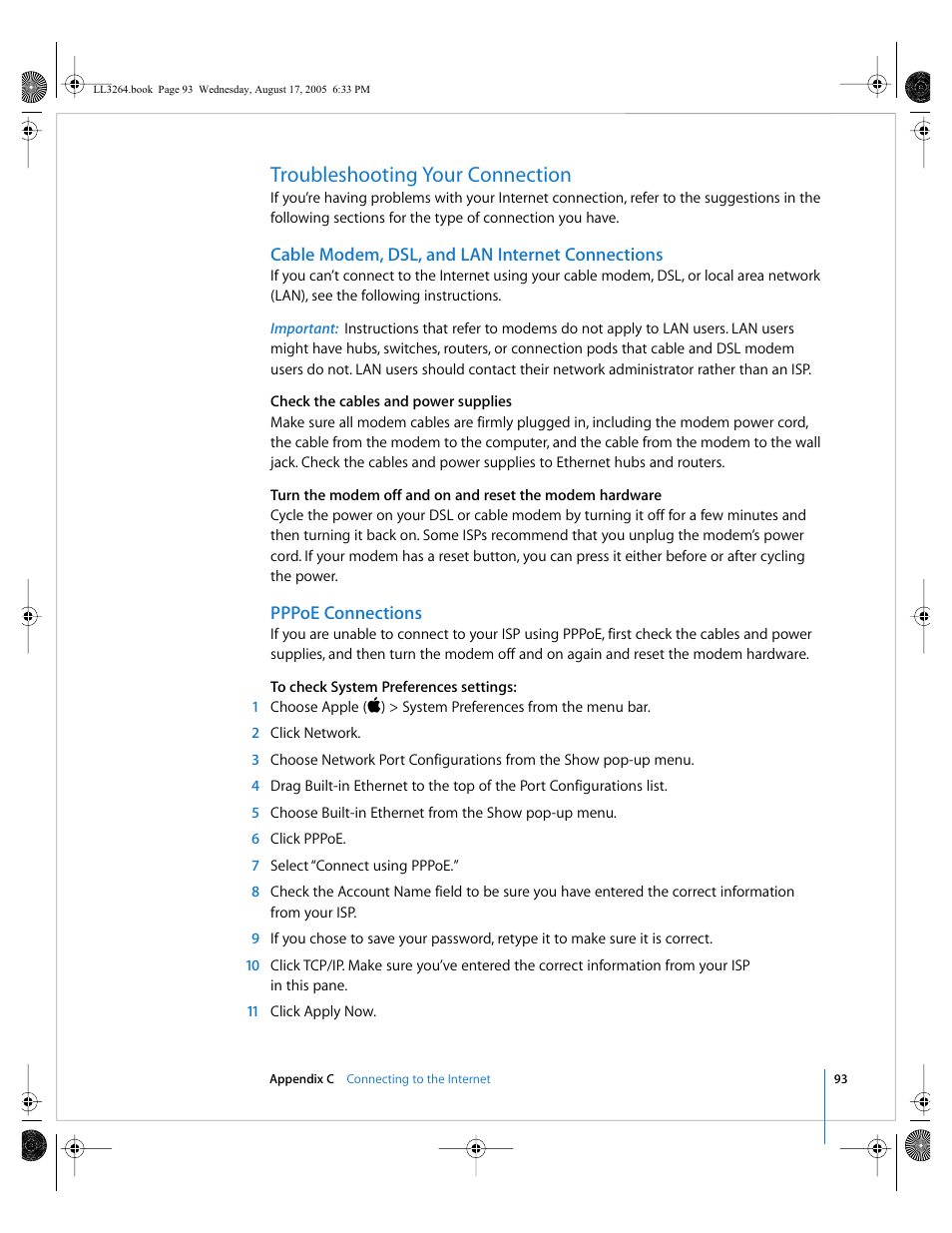 Troubleshooting your connection, Cable modem, dsl, and lan internet connections, Pppoe connections | Apple PowerBook G4 (17-inch, Double Layer Super Drive) User Manual | Page 93 / 112