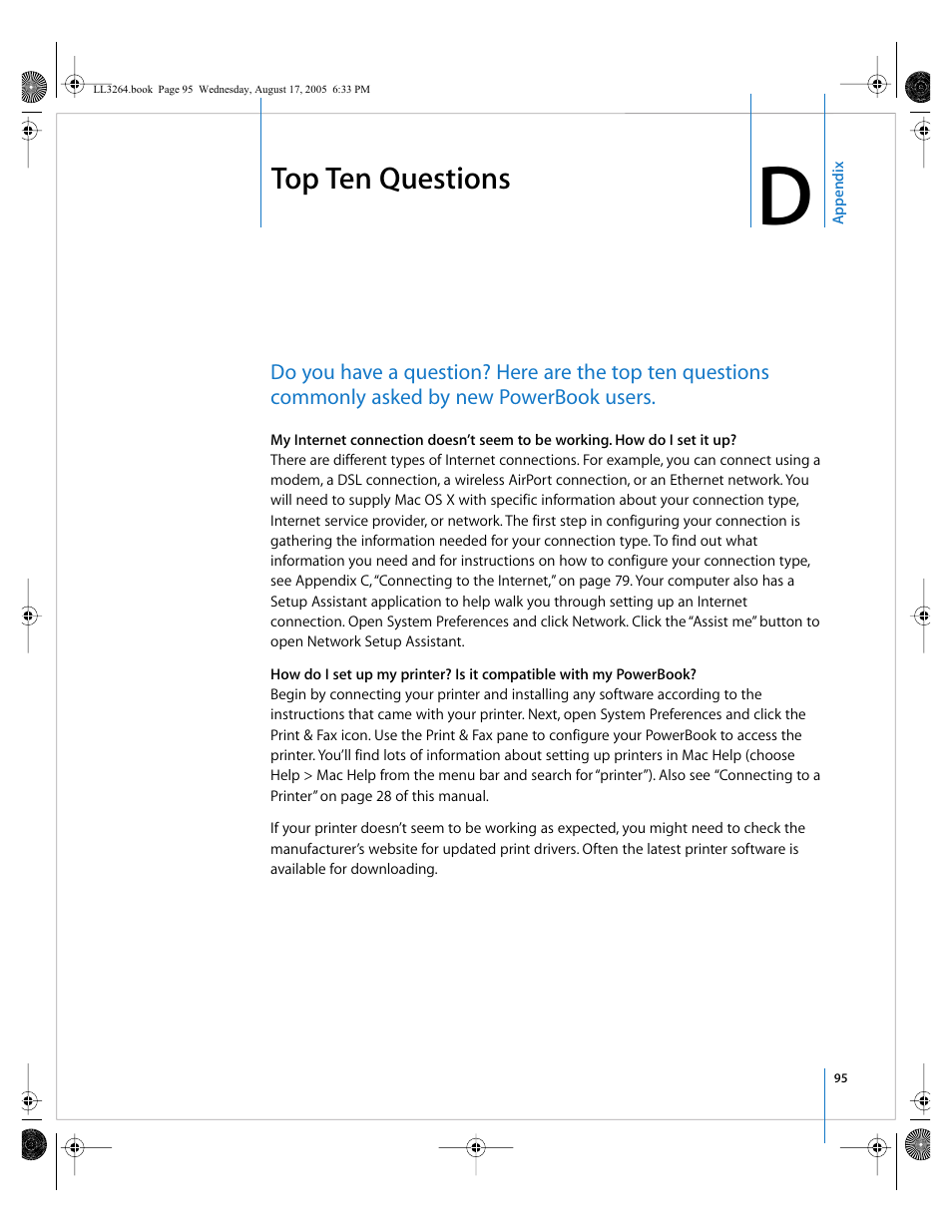 Top ten questions, Appendix d, Ee appendix d, “top ten | Apple PowerBook G4 (17-inch, Double Layer Super Drive) User Manual | Page 95 / 112