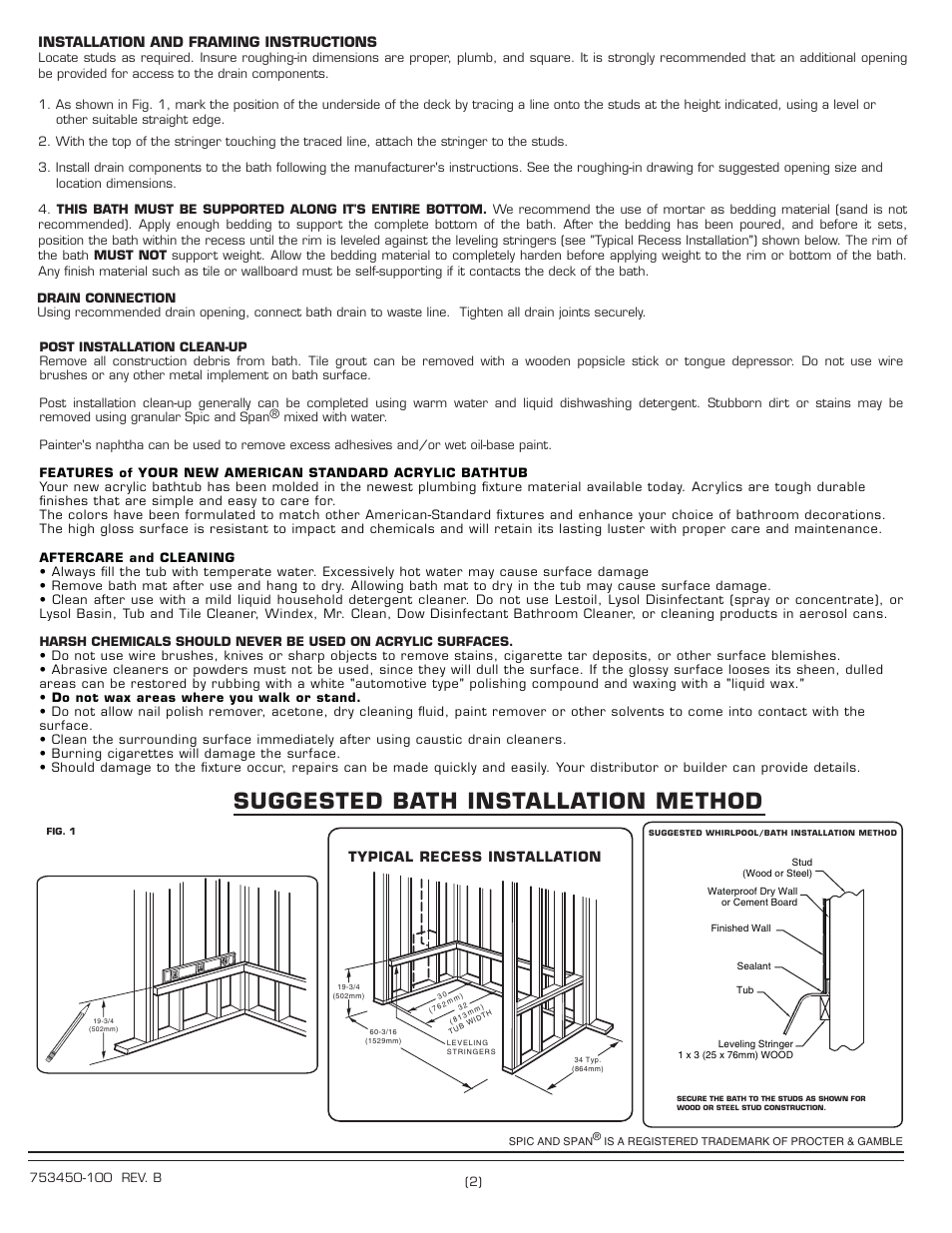 Suggested bath installation method, Installation and framing instructions | American Standard Standard 2083 SERIES User Manual | Page 2 / 2