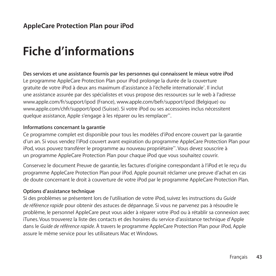 Fiche d’informations, Applecare protection plan pour ipod | Apple AppleCare Protection Plan for iPod User Manual | Page 43 / 112