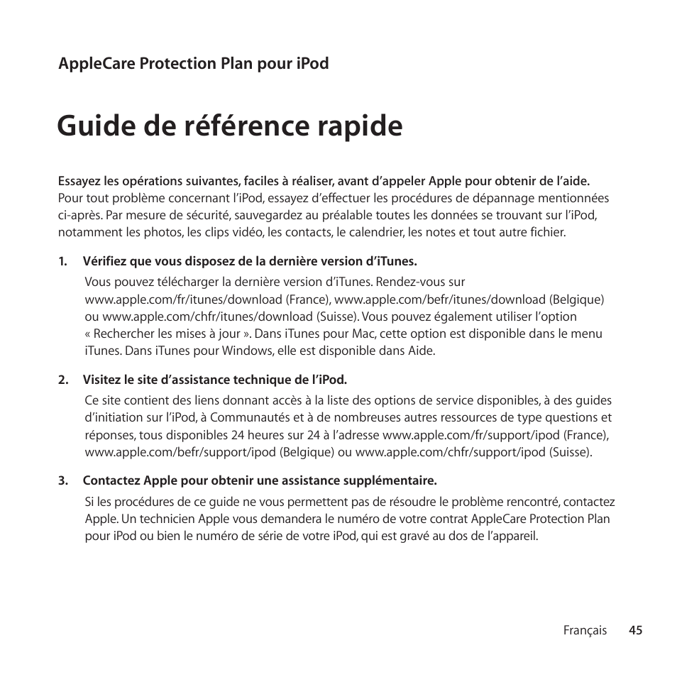 Guide de référence rapide, Applecare protection plan pour ipod | Apple AppleCare Protection Plan for iPod User Manual | Page 45 / 112