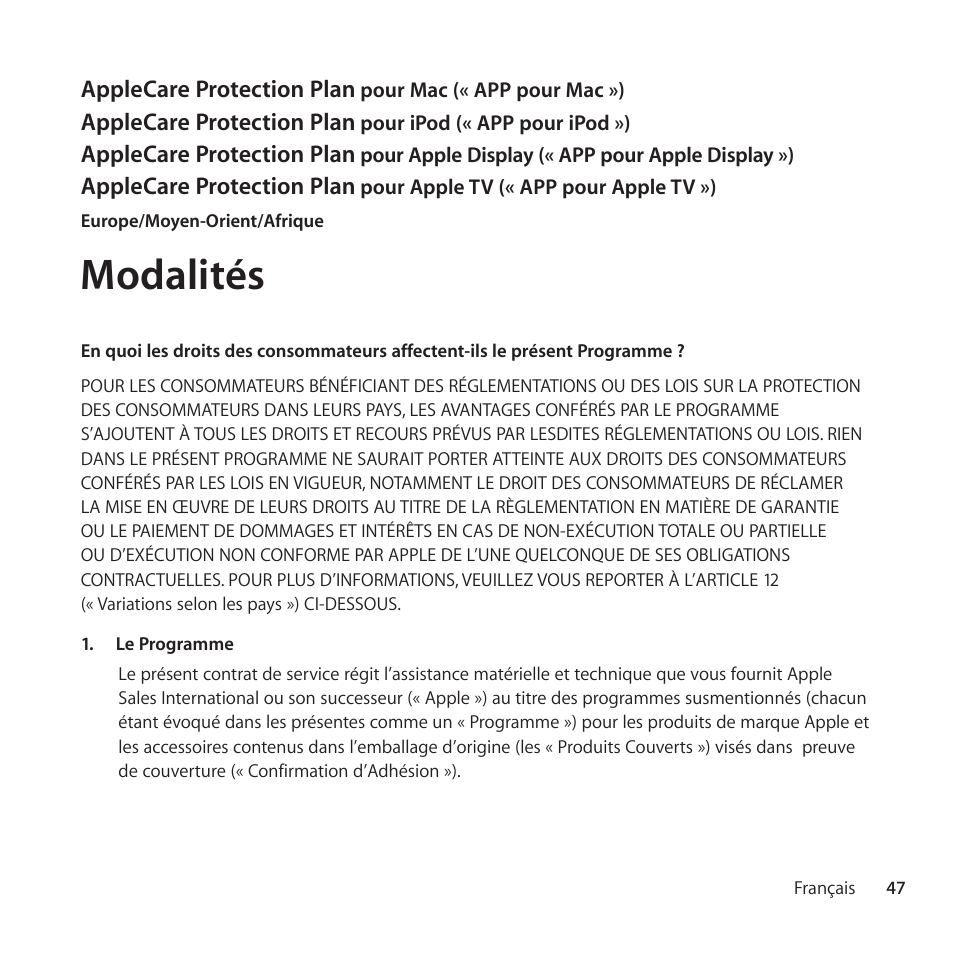 Modalités | Apple AppleCare Protection Plan for iPod User Manual | Page 47 / 112