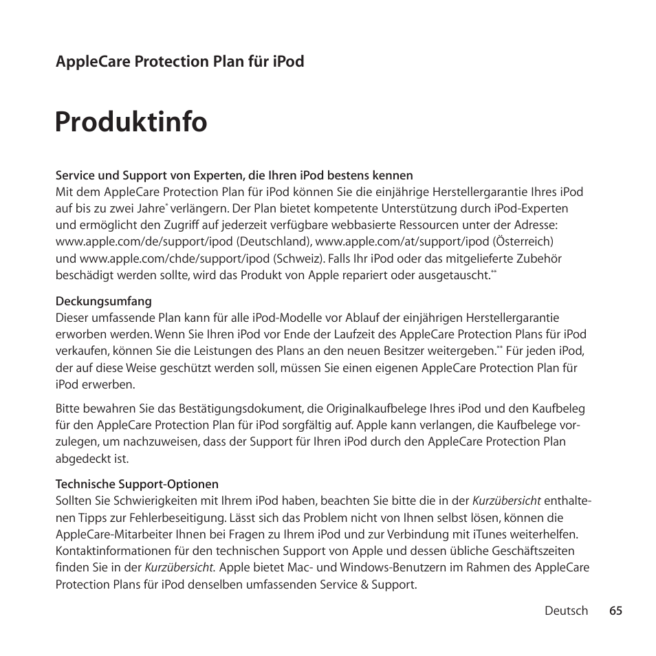 Produktinfo, Applecare protection plan für ipod | Apple AppleCare Protection Plan for iPod User Manual | Page 65 / 112