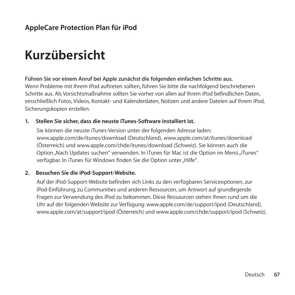 Kurzübersicht | Apple AppleCare Protection Plan for iPod User Manual | Page 67 / 112