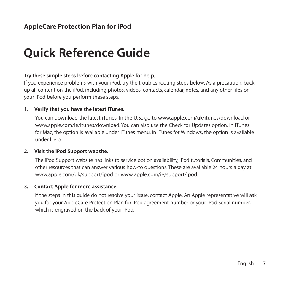 Quick reference guide | Apple AppleCare Protection Plan for iPod User Manual | Page 7 / 112