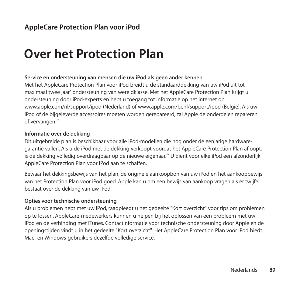 Over het protection plan, Applecare protection plan voor ipod | Apple AppleCare Protection Plan for iPod User Manual | Page 89 / 112