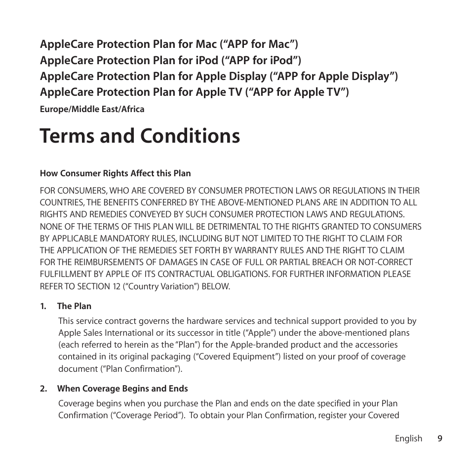 Terms and conditions | Apple AppleCare Protection Plan for iPod User Manual | Page 9 / 112