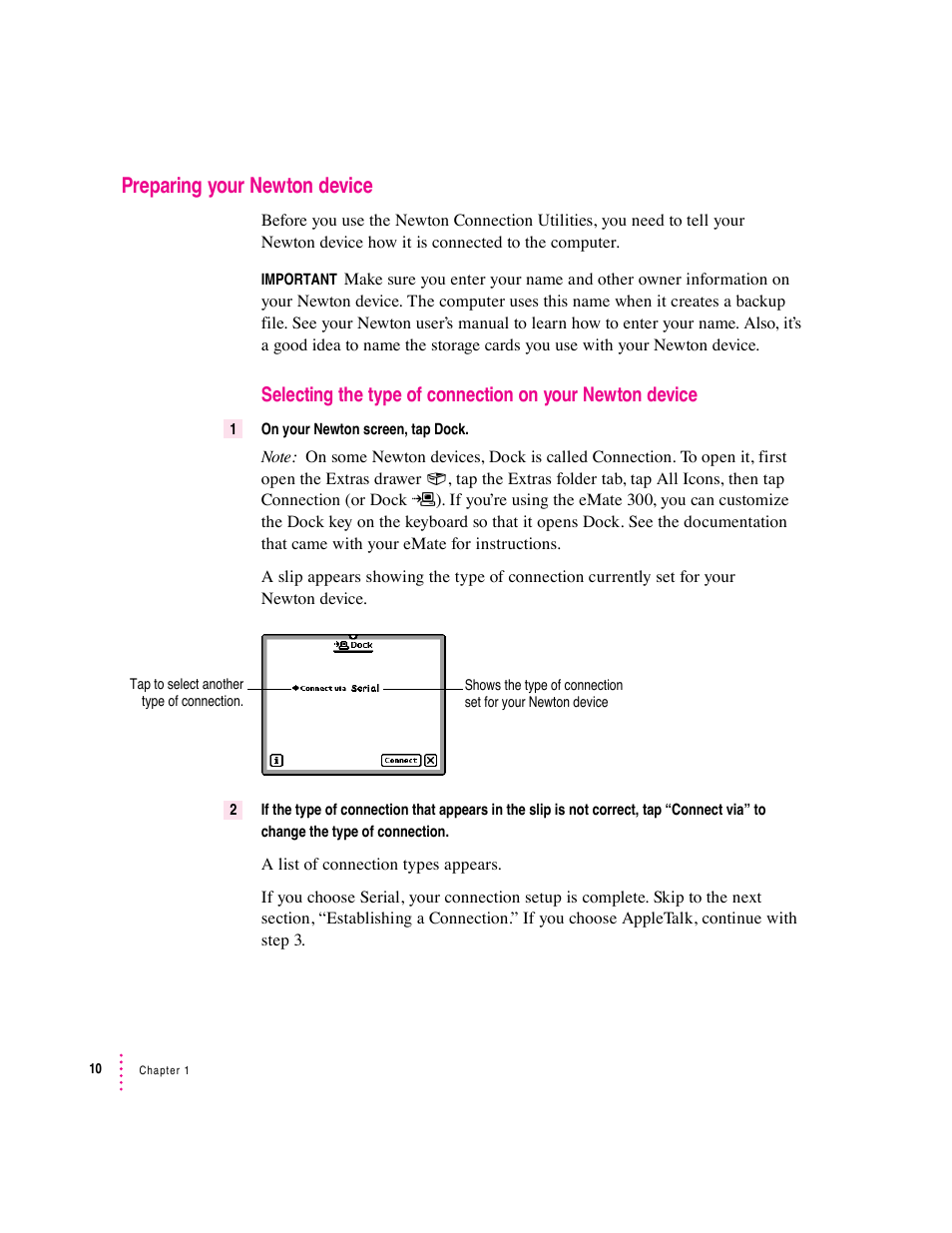 Preparing your newton device | Apple Newton Connection Utilities (for Macintosh) User Manual | Page 10 / 117