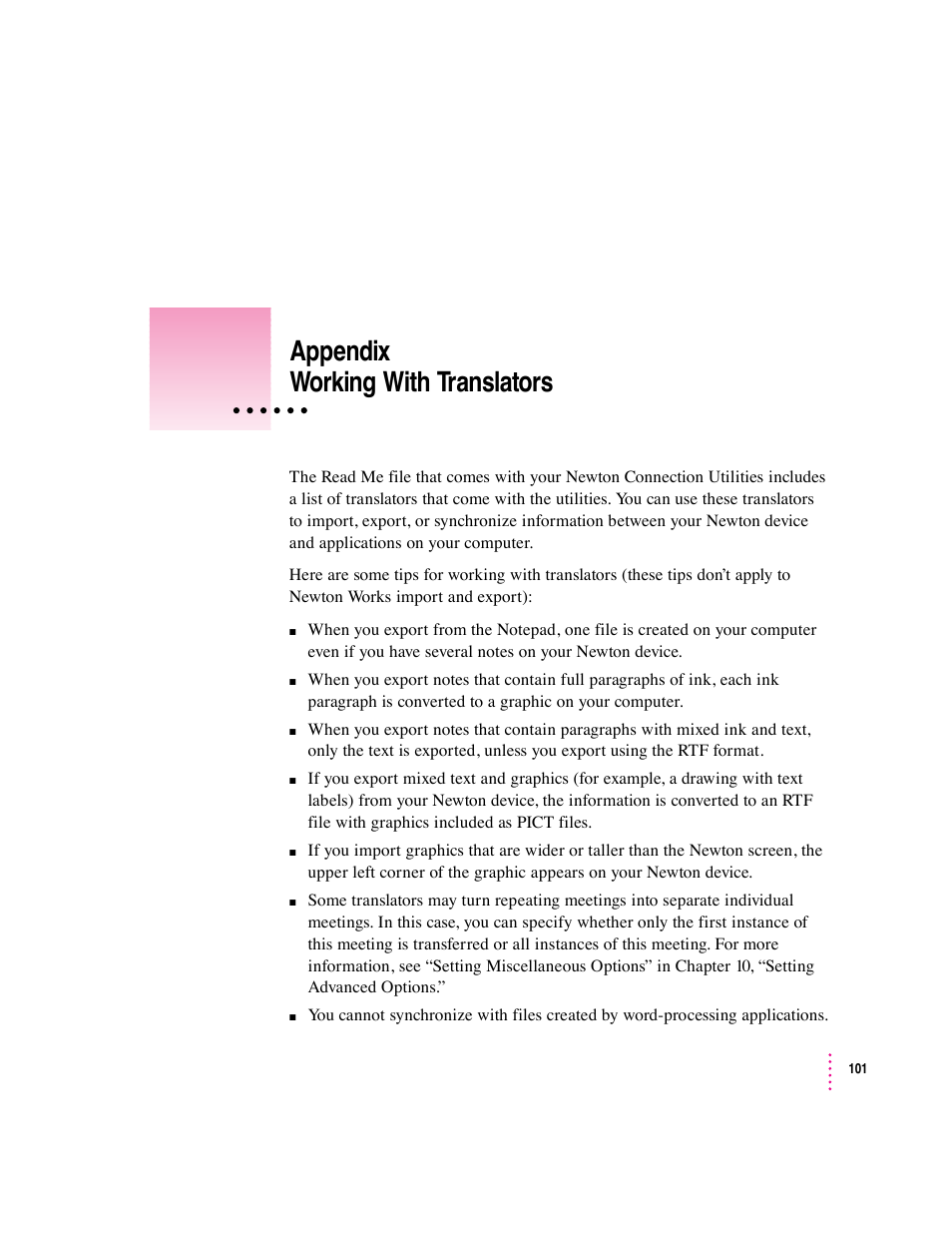 Appendix working with translators | Apple Newton Connection Utilities (for Macintosh) User Manual | Page 101 / 117