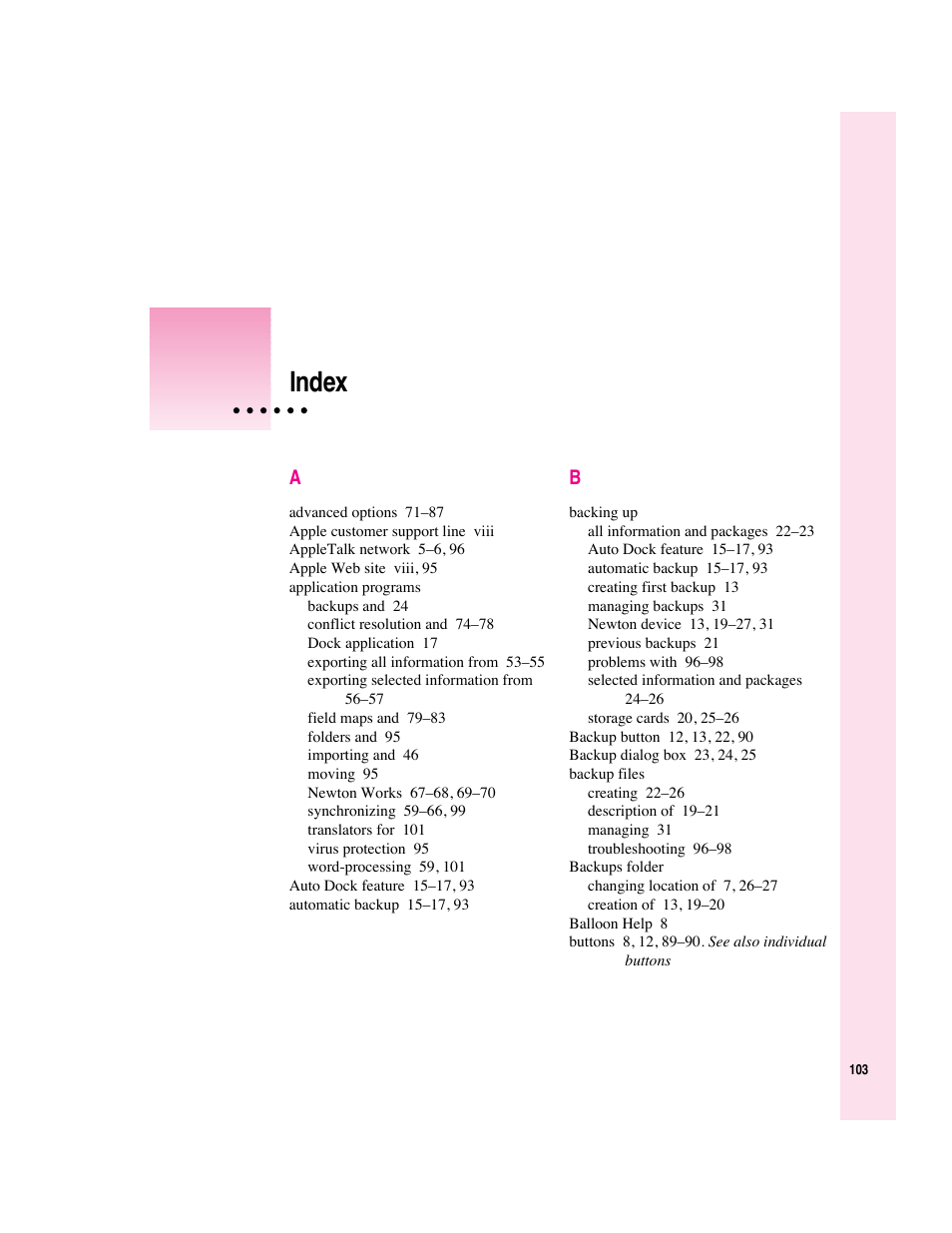 Index | Apple Newton Connection Utilities (for Macintosh) User Manual | Page 103 / 117