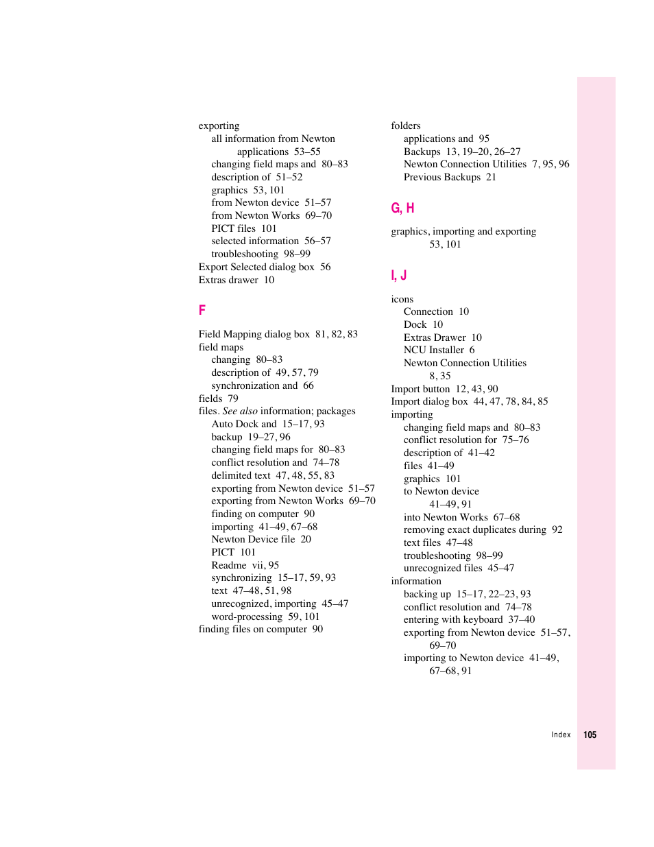 G, h, I, j | Apple Newton Connection Utilities (for Macintosh) User Manual | Page 105 / 117