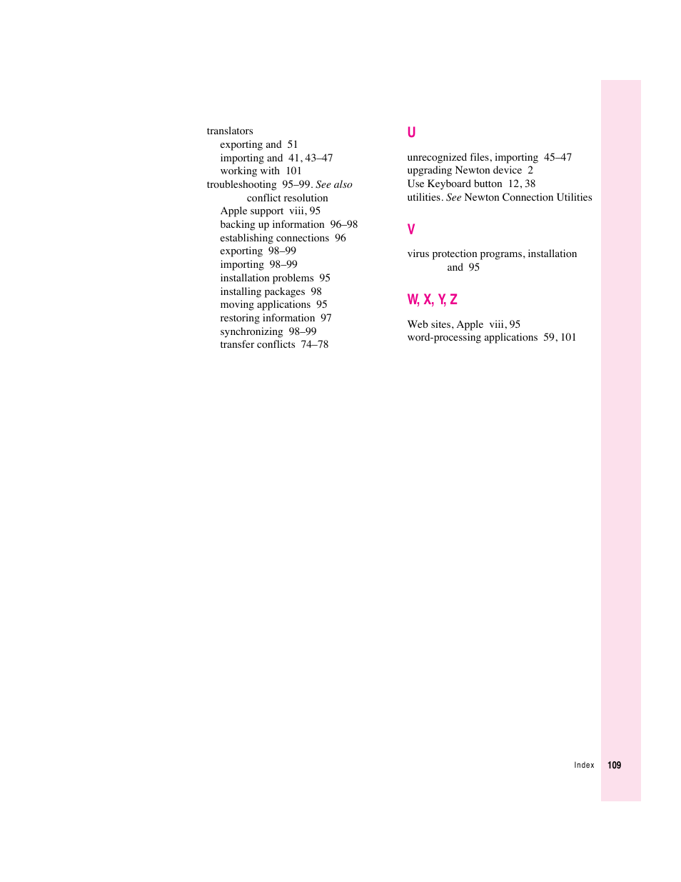 W, x, y, z | Apple Newton Connection Utilities (for Macintosh) User Manual | Page 109 / 117