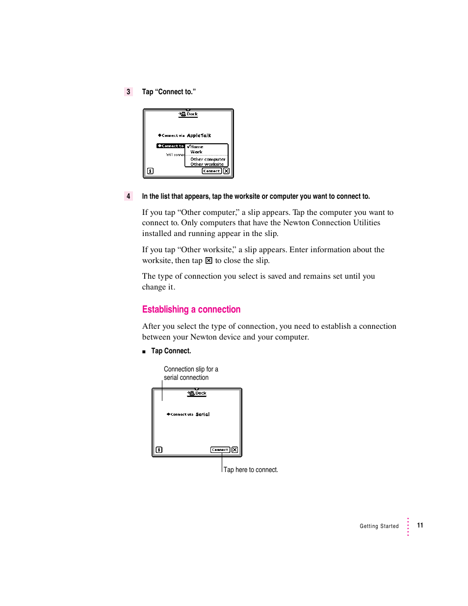 Establishing a connection | Apple Newton Connection Utilities (for Macintosh) User Manual | Page 11 / 117