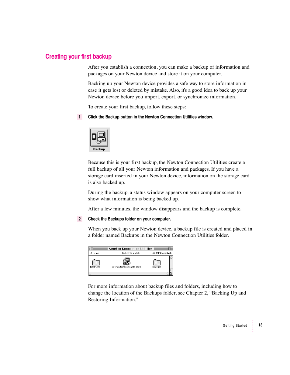 Creating your first backup | Apple Newton Connection Utilities (for Macintosh) User Manual | Page 13 / 117