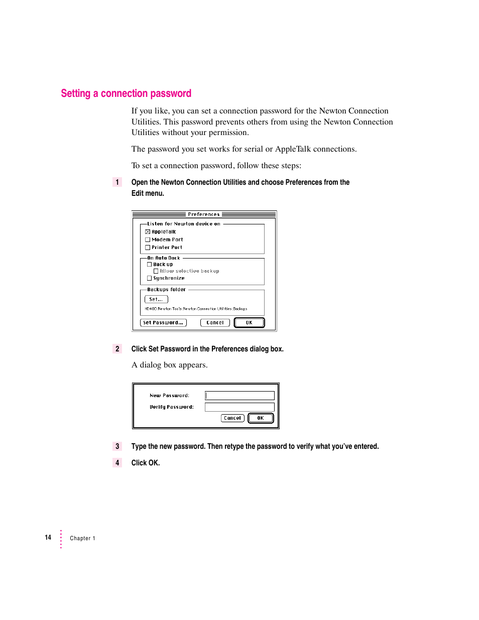 Setting a connection password | Apple Newton Connection Utilities (for Macintosh) User Manual | Page 14 / 117