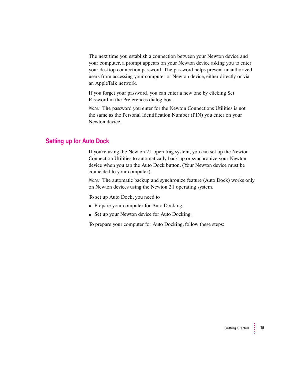 Setting up for auto dock | Apple Newton Connection Utilities (for Macintosh) User Manual | Page 15 / 117