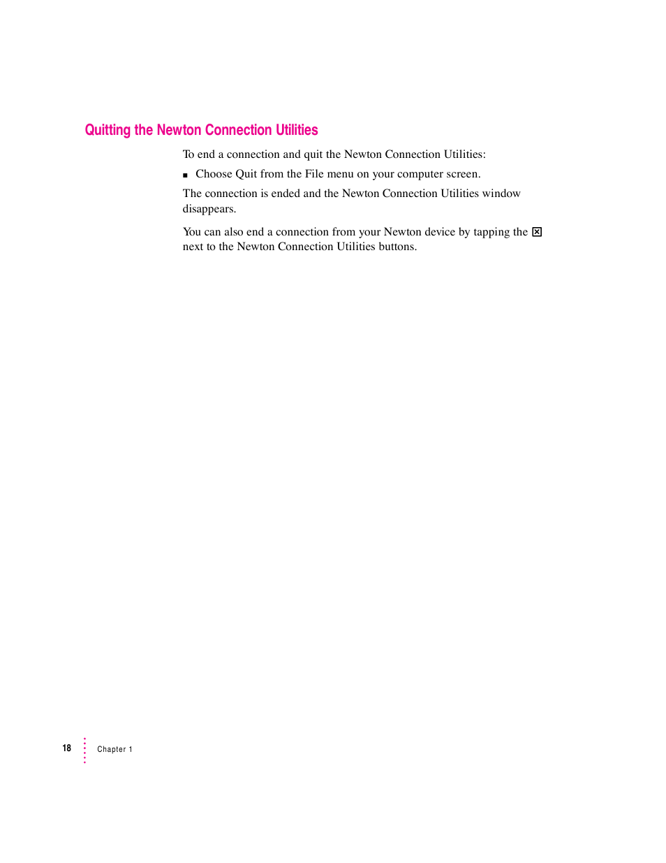 Quitting the newton connection utilities | Apple Newton Connection Utilities (for Macintosh) User Manual | Page 18 / 117