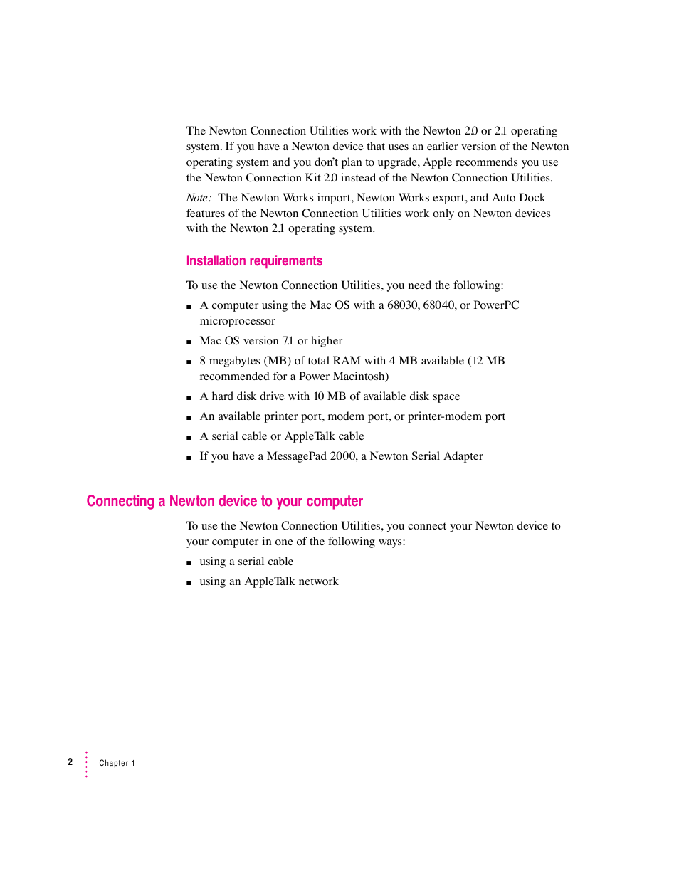 Connecting a newton device to your computer | Apple Newton Connection Utilities (for Macintosh) User Manual | Page 2 / 117