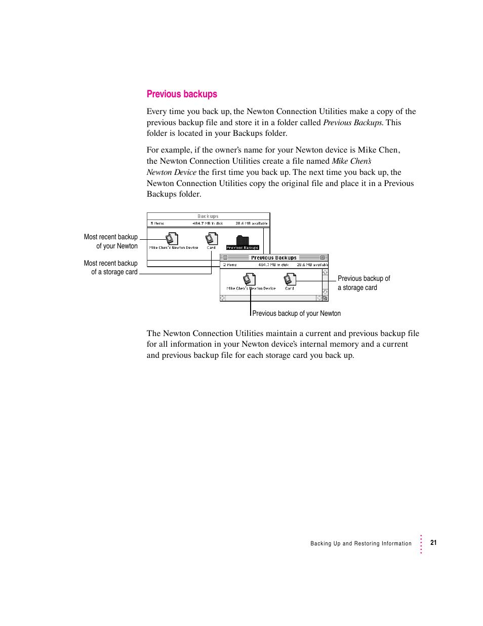 Previous backups | Apple Newton Connection Utilities (for Macintosh) User Manual | Page 21 / 117
