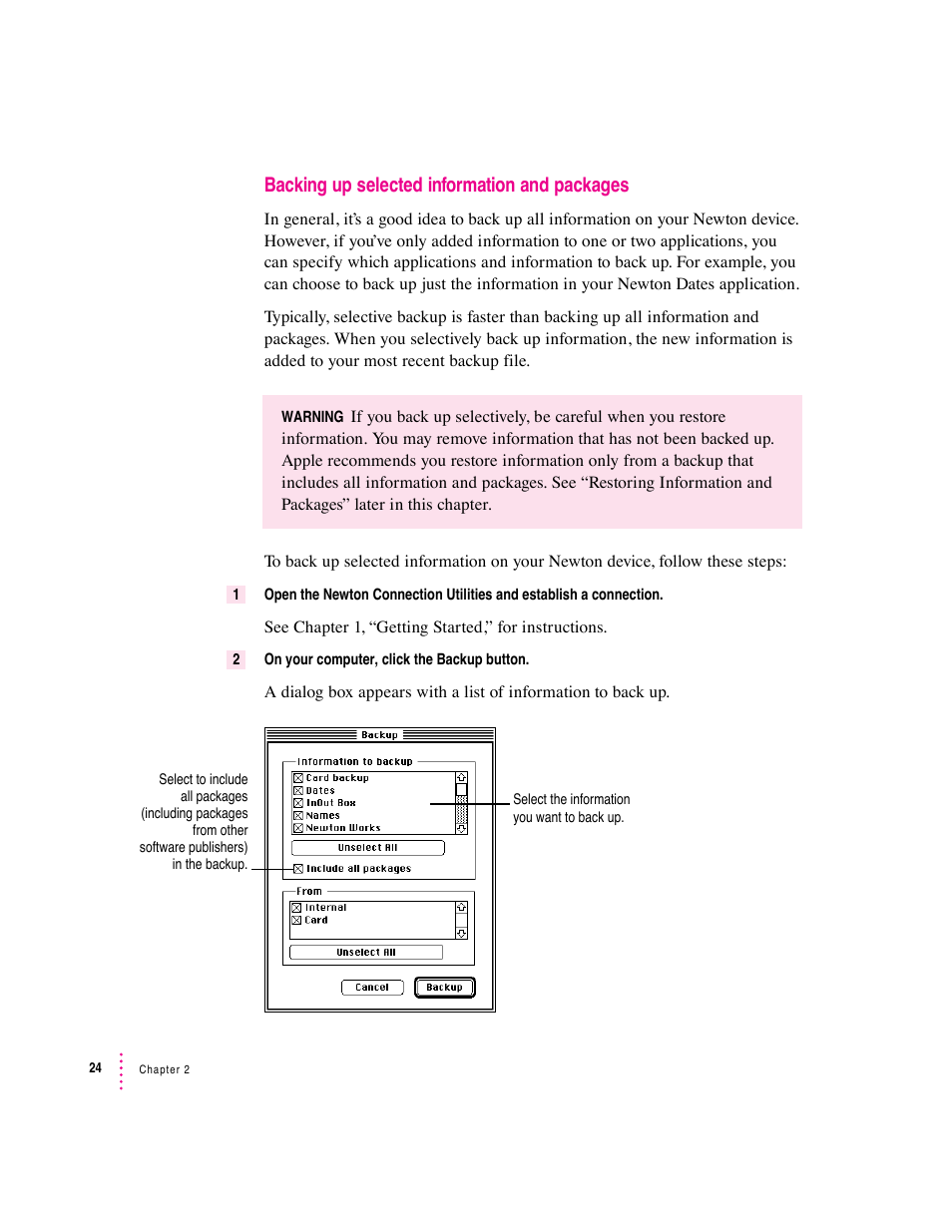 Backing up selected information and packages | Apple Newton Connection Utilities (for Macintosh) User Manual | Page 24 / 117