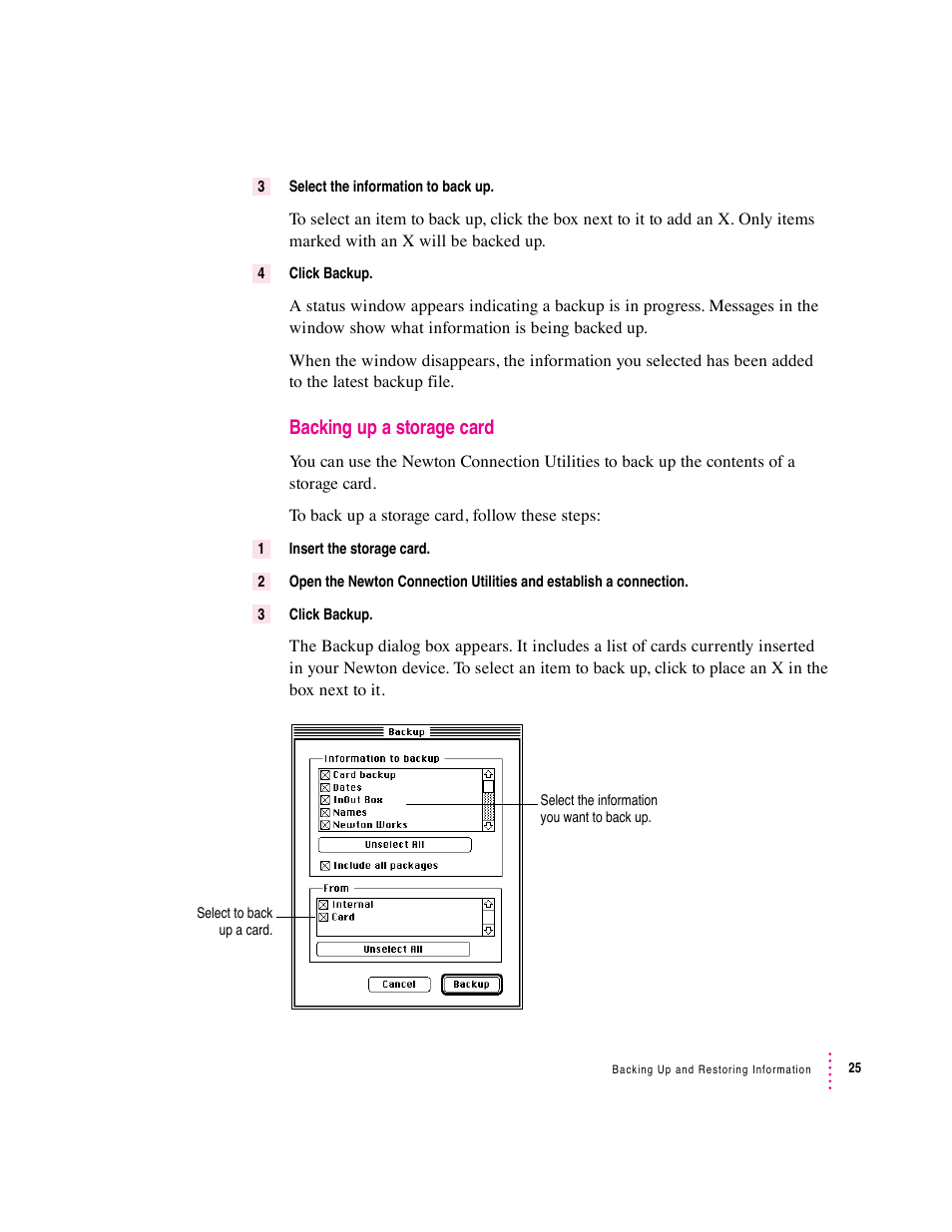 Backing up a storage card | Apple Newton Connection Utilities (for Macintosh) User Manual | Page 25 / 117