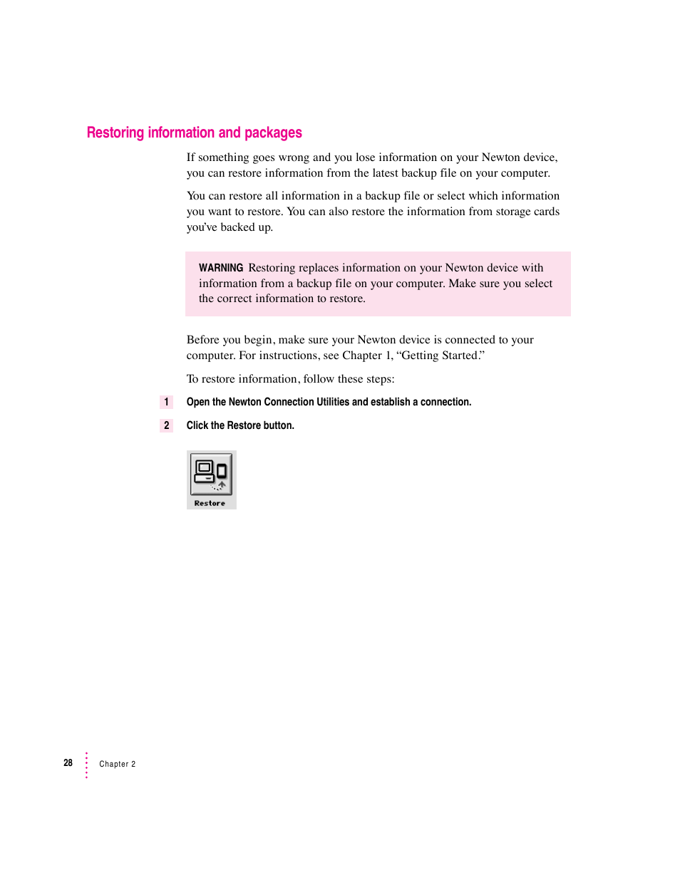 Restoring information and packages | Apple Newton Connection Utilities (for Macintosh) User Manual | Page 28 / 117
