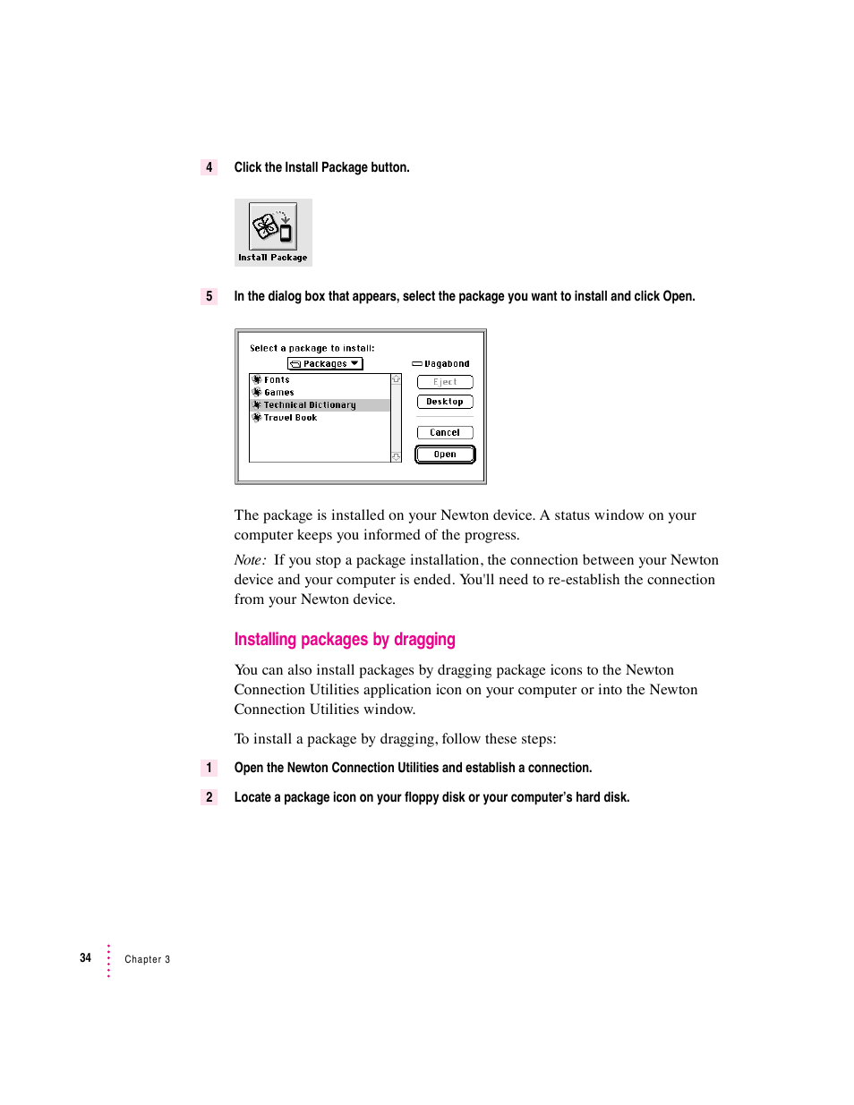 Installing packages by dragging | Apple Newton Connection Utilities (for Macintosh) User Manual | Page 34 / 117