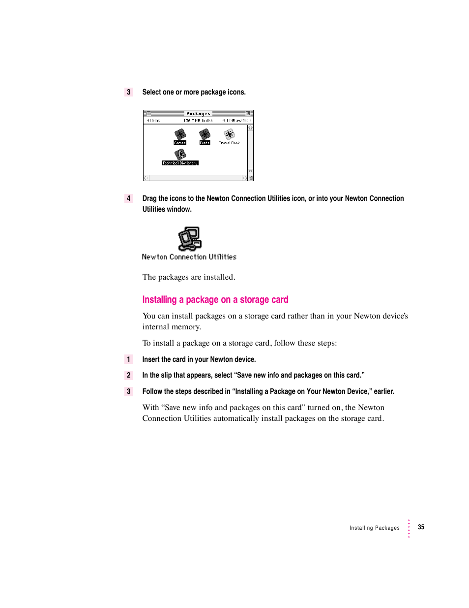 Installing a package on a storage card | Apple Newton Connection Utilities (for Macintosh) User Manual | Page 35 / 117