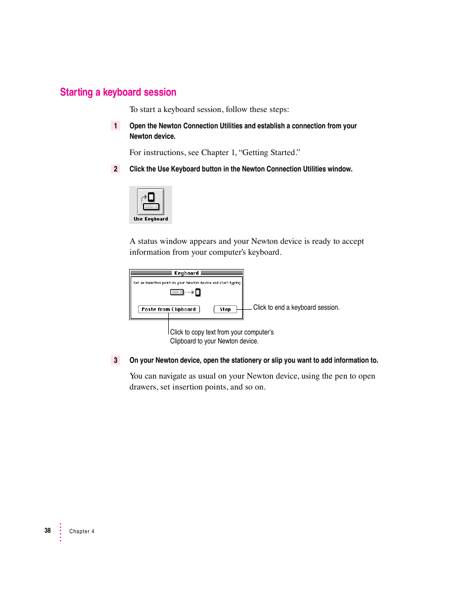 Starting a keyboard session | Apple Newton Connection Utilities (for Macintosh) User Manual | Page 38 / 117