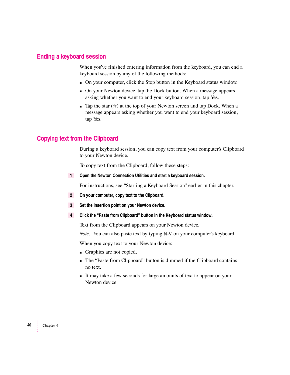 Ending a keyboard session, Copying text from the clipboard | Apple Newton Connection Utilities (for Macintosh) User Manual | Page 40 / 117