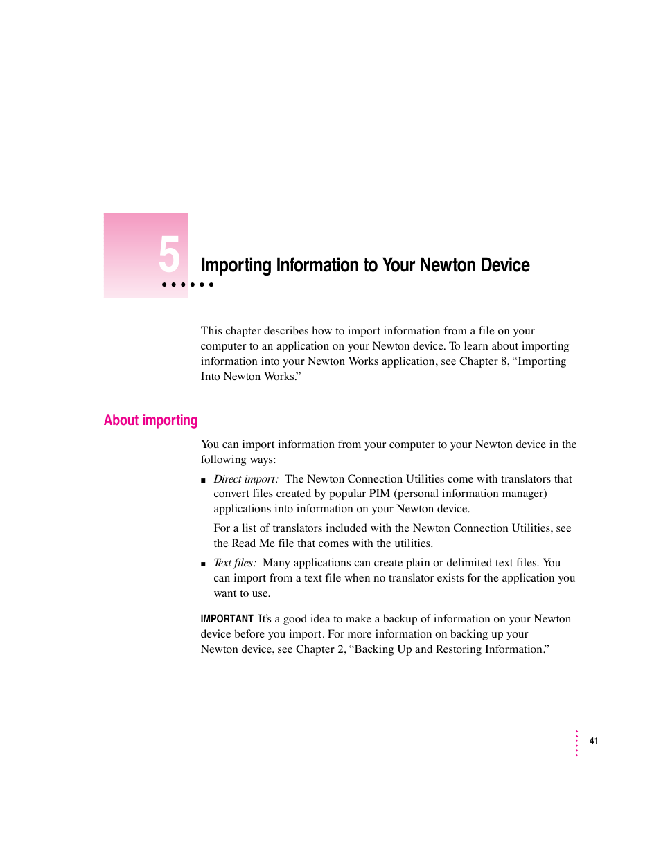 Importing information to your newton device | Apple Newton Connection Utilities (for Macintosh) User Manual | Page 41 / 117