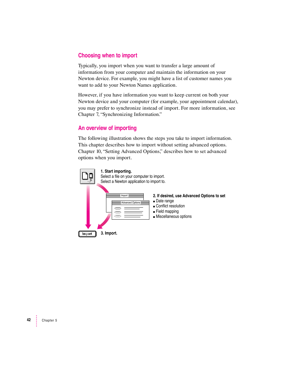 Choosing when to import, An overview of importing | Apple Newton Connection Utilities (for Macintosh) User Manual | Page 42 / 117