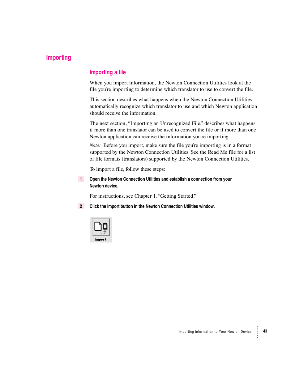Importing, Importing a file | Apple Newton Connection Utilities (for Macintosh) User Manual | Page 43 / 117