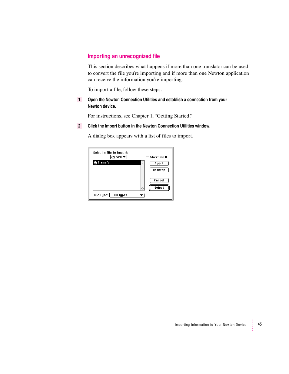 Importing an unrecognized file | Apple Newton Connection Utilities (for Macintosh) User Manual | Page 45 / 117