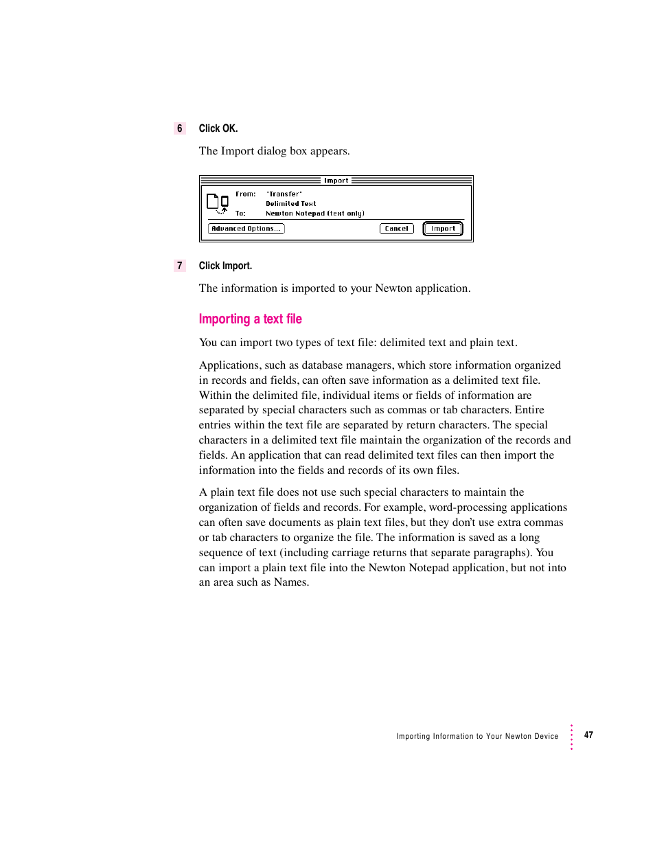 Importing a text file | Apple Newton Connection Utilities (for Macintosh) User Manual | Page 47 / 117