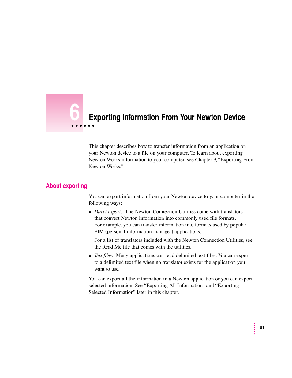 Exporting information from your newton device | Apple Newton Connection Utilities (for Macintosh) User Manual | Page 51 / 117