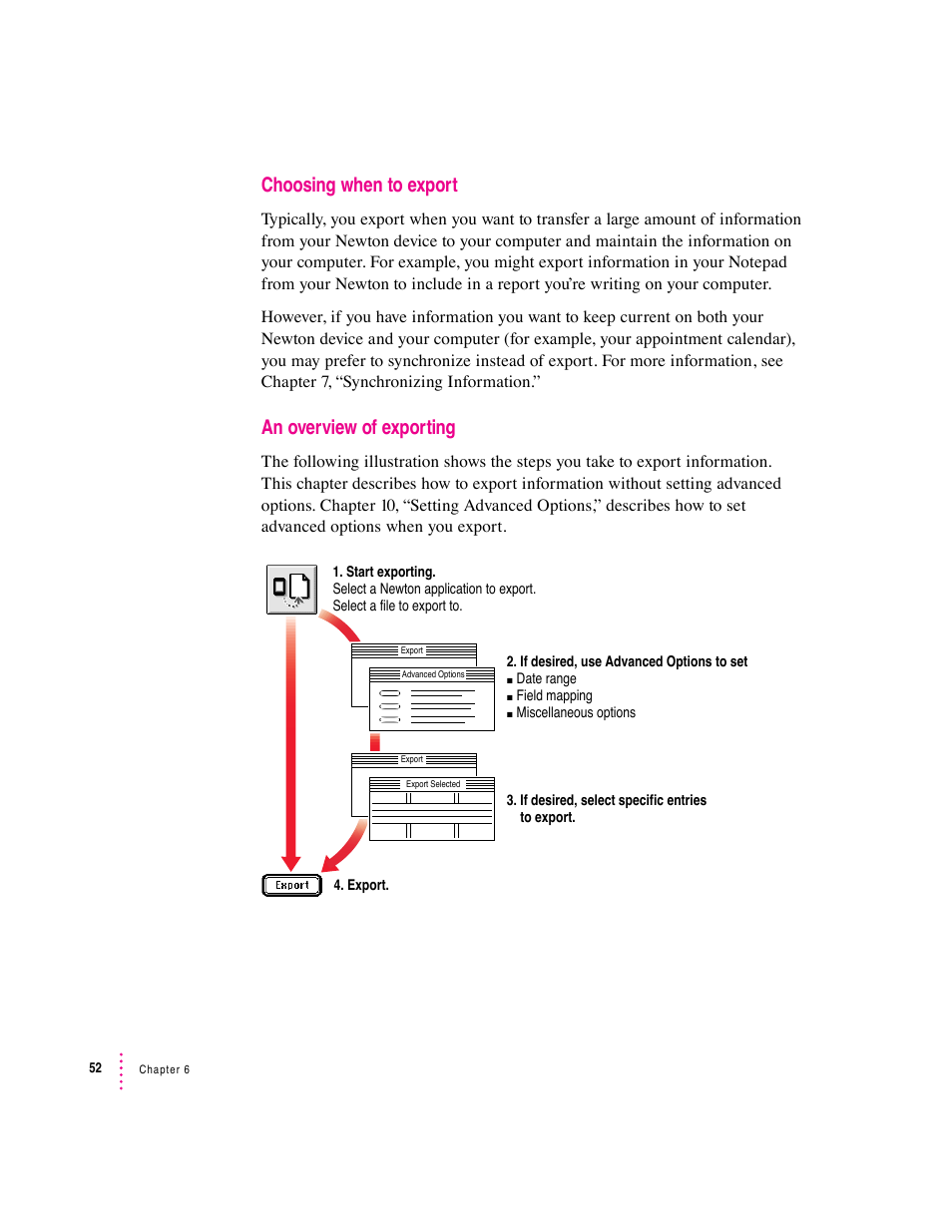 Choosing when to export, An overview of exporting | Apple Newton Connection Utilities (for Macintosh) User Manual | Page 52 / 117