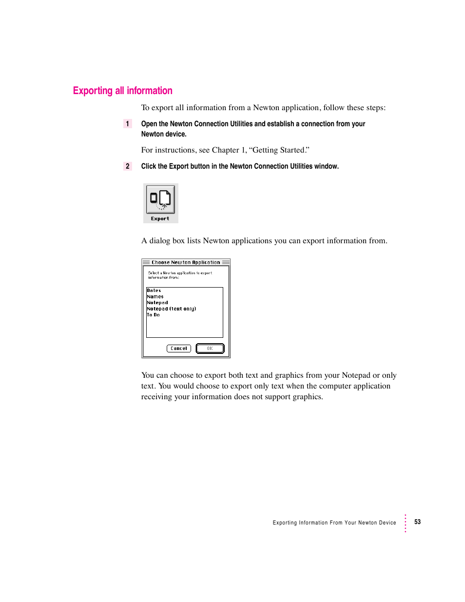Exporting all information | Apple Newton Connection Utilities (for Macintosh) User Manual | Page 53 / 117