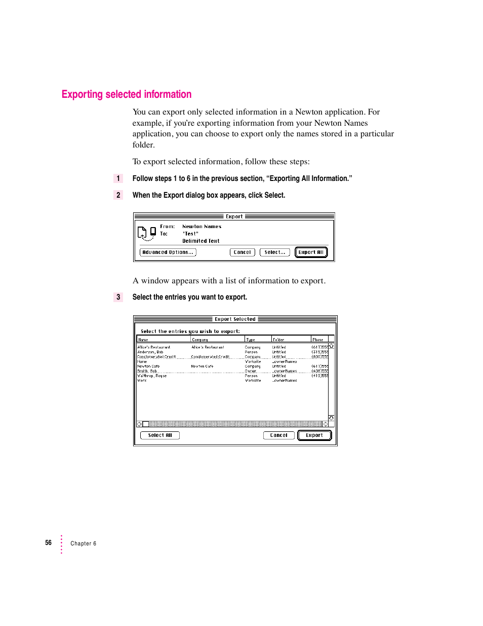 Exporting selected information | Apple Newton Connection Utilities (for Macintosh) User Manual | Page 56 / 117