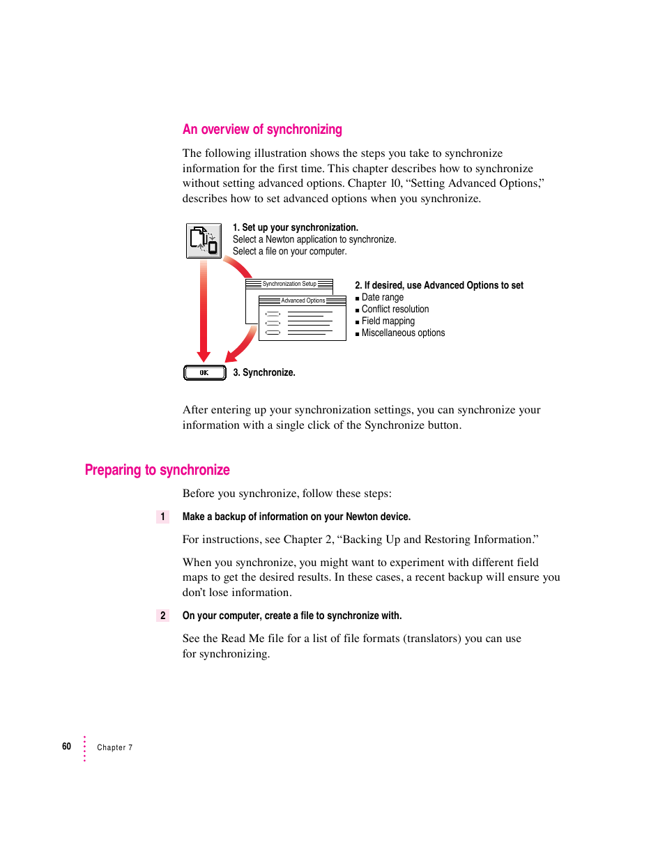 Preparing to synchronize, An overview of synchronizing | Apple Newton Connection Utilities (for Macintosh) User Manual | Page 60 / 117
