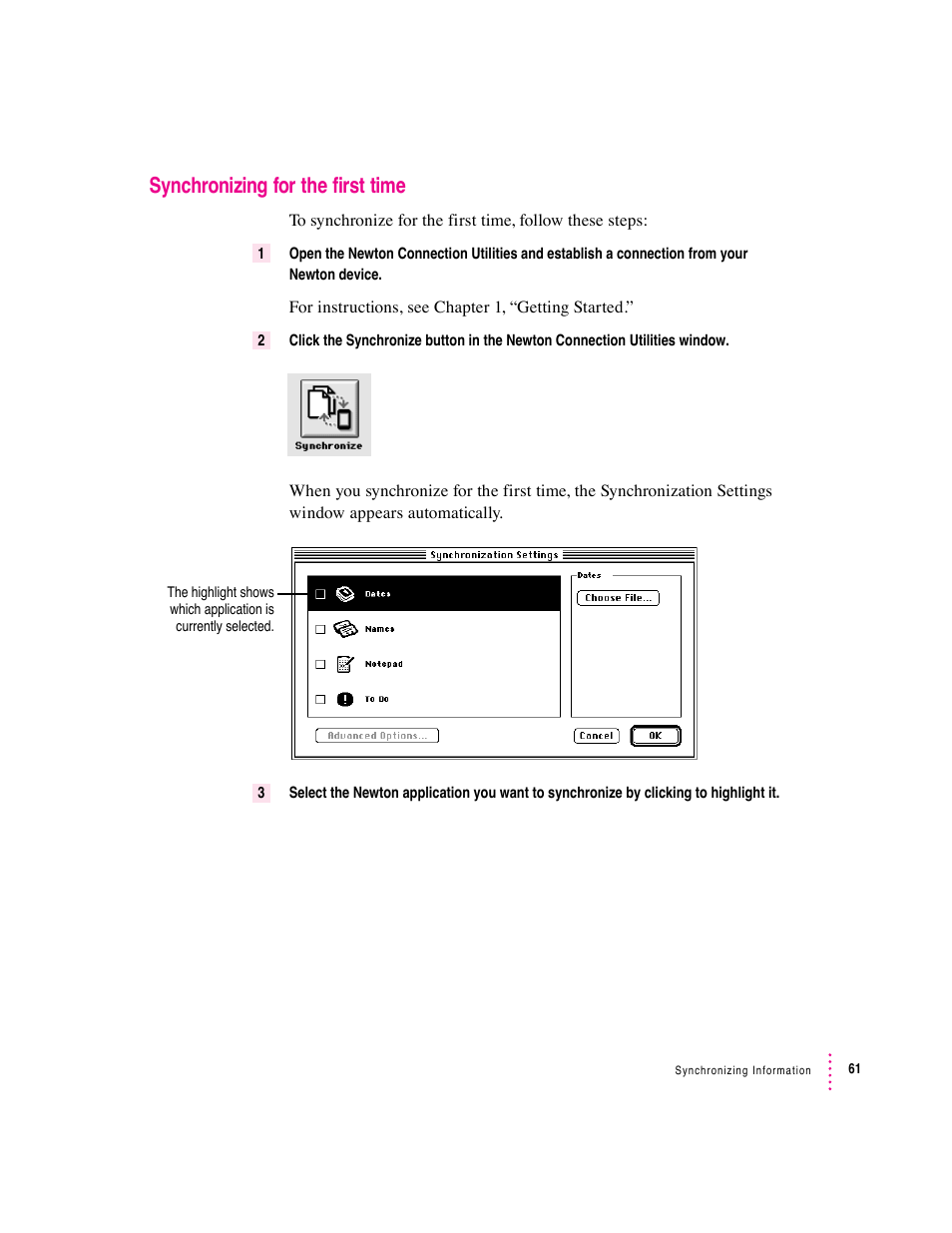 Synchronizing for the first time | Apple Newton Connection Utilities (for Macintosh) User Manual | Page 61 / 117