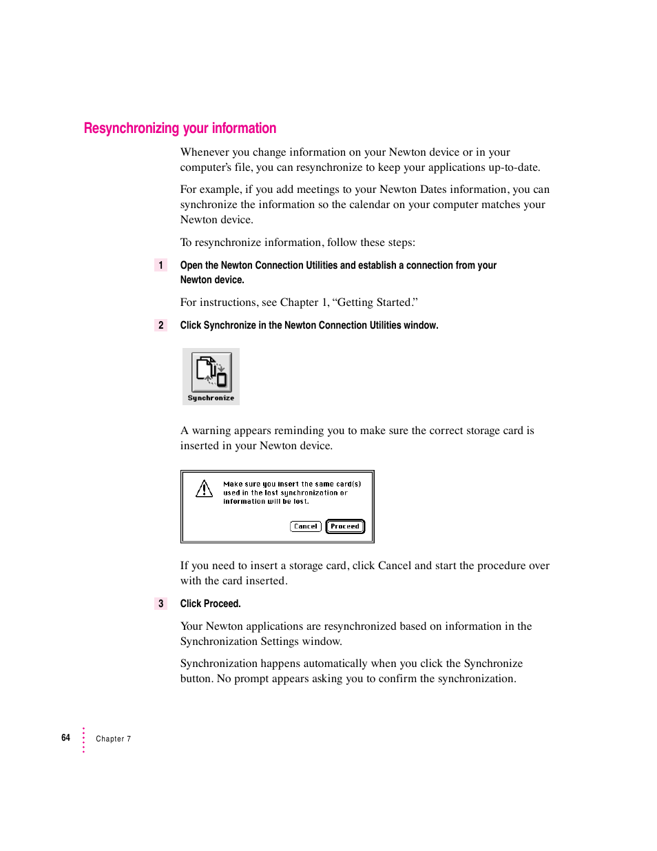 Resynchronizing your information | Apple Newton Connection Utilities (for Macintosh) User Manual | Page 64 / 117