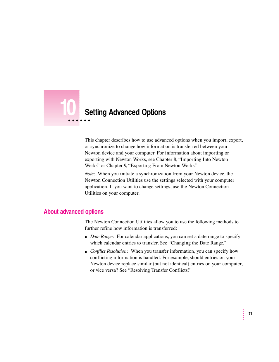 Setting advanced options | Apple Newton Connection Utilities (for Macintosh) User Manual | Page 71 / 117