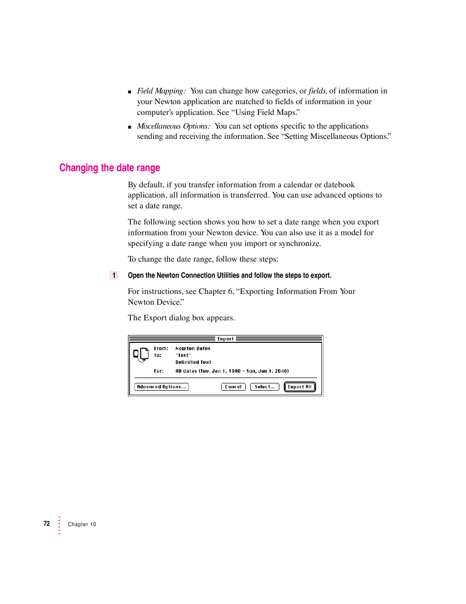 Changing the date range | Apple Newton Connection Utilities (for Macintosh) User Manual | Page 72 / 117