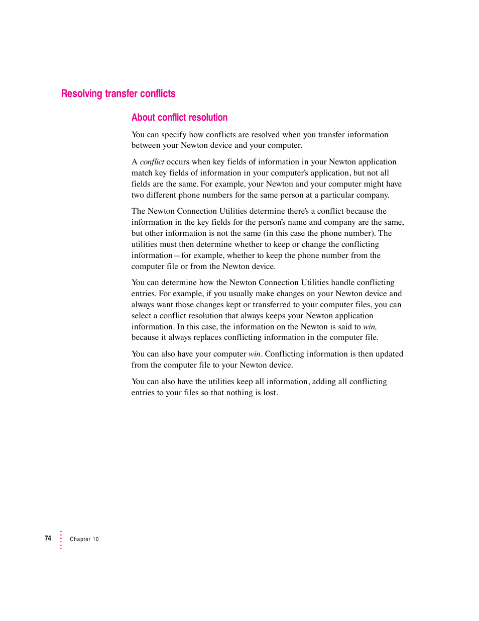 Resolving transfer conflicts | Apple Newton Connection Utilities (for Macintosh) User Manual | Page 74 / 117