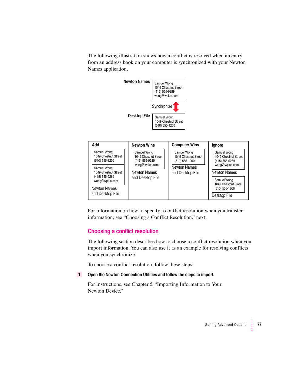 Choosing a conflict resolution | Apple Newton Connection Utilities (for Macintosh) User Manual | Page 77 / 117
