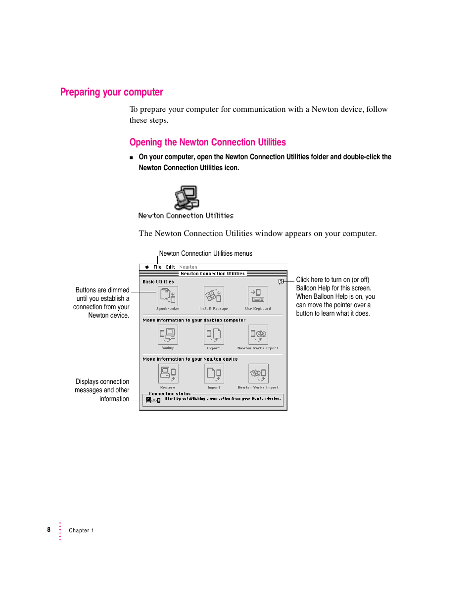 Preparing your computer, Opening the newton connection utilities | Apple Newton Connection Utilities (for Macintosh) User Manual | Page 8 / 117
