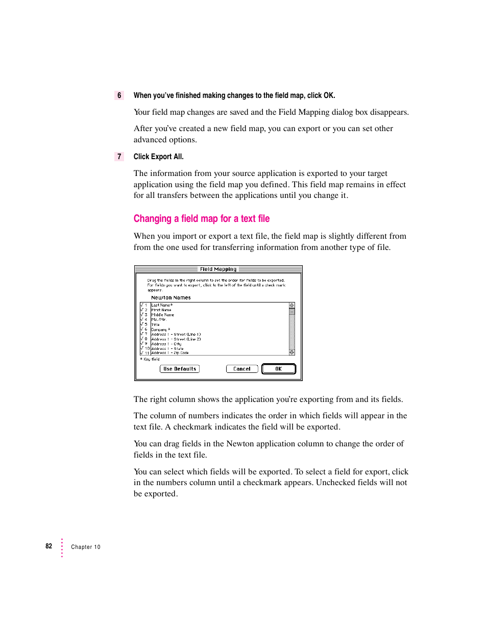 Changing a field map for a text file | Apple Newton Connection Utilities (for Macintosh) User Manual | Page 82 / 117