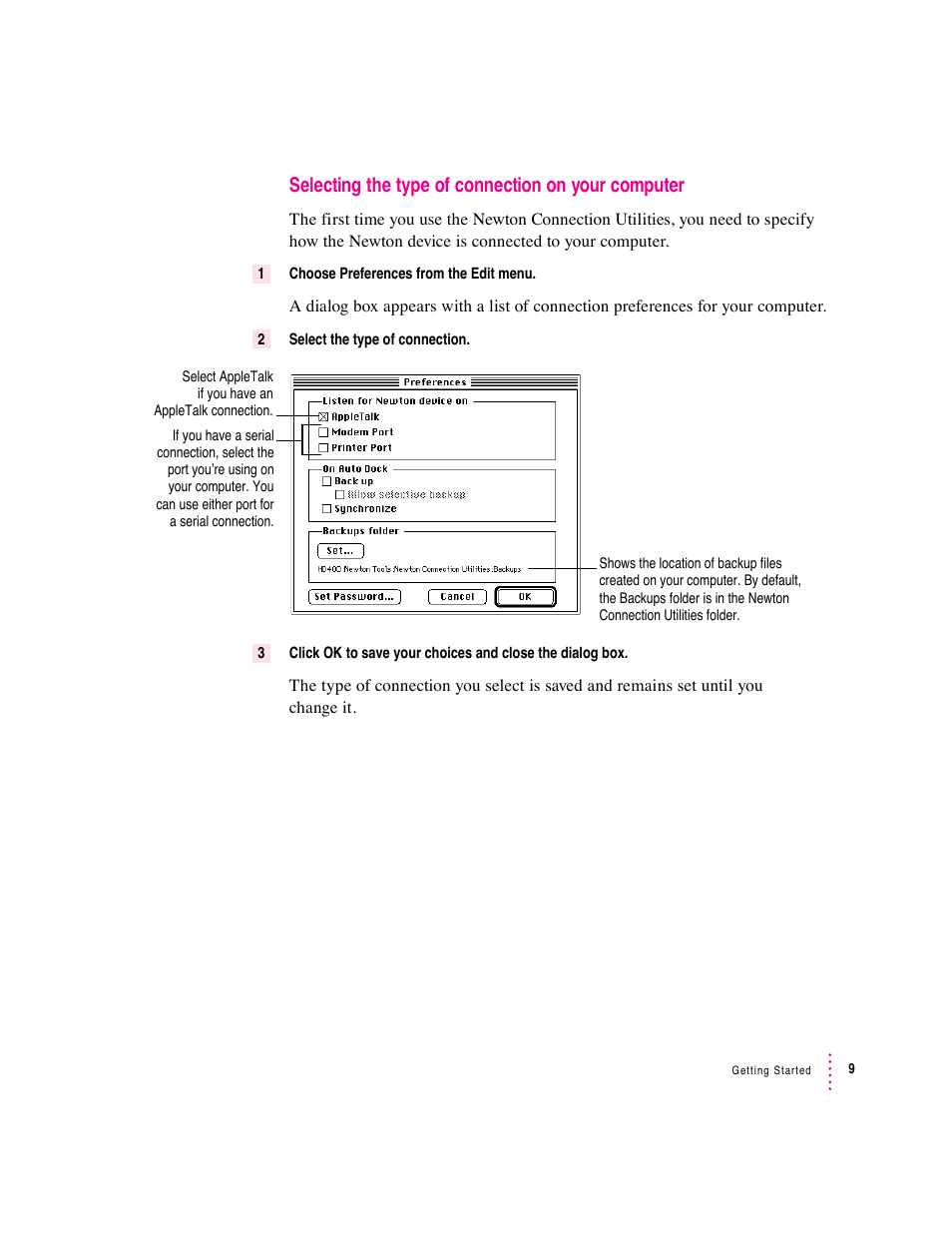 Selecting the type of connection on your computer | Apple Newton Connection Utilities (for Macintosh) User Manual | Page 9 / 117