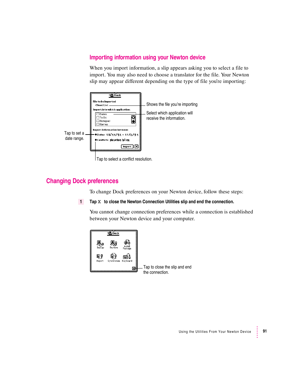 Changing dock preferences, Importing information using your newton device | Apple Newton Connection Utilities (for Macintosh) User Manual | Page 91 / 117